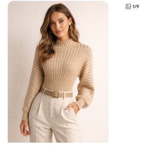 Free People Beige Striped Turtleneck Sweater